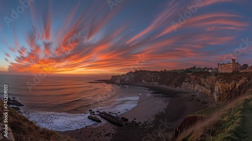 Panoramic Sunset with Streaked Clouds Over Coastal Cliffs