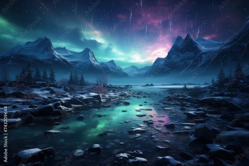 A frozen tundra with the northern lights in the sky