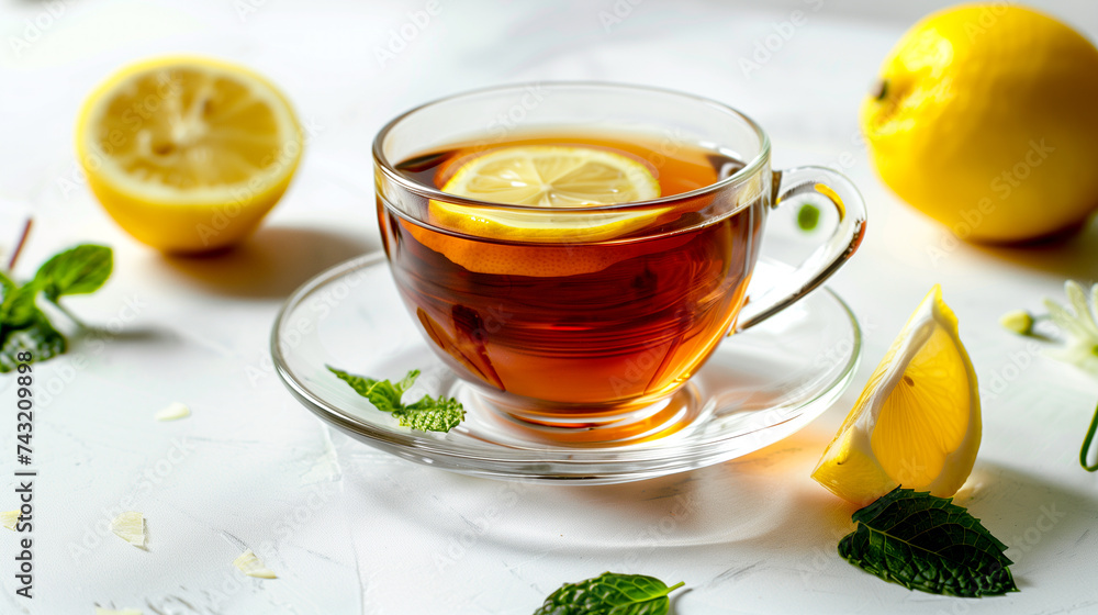 cup of tea with lemon slices on a saucer cup of tea with lemon slices on a saucer