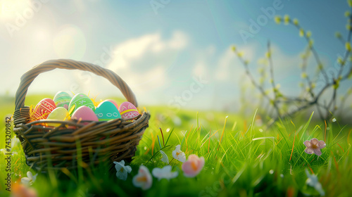 Easter eggs in a basket on a sunny day
