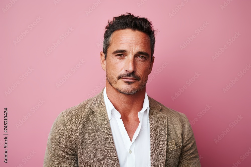 Portrait of a handsome mature man looking at camera while standing against pink background Portrait of a handsome mature man looking at camera while standing against pink background