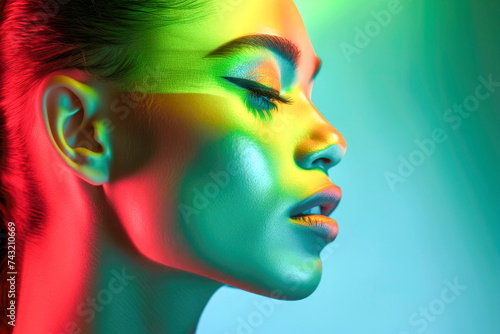 Androgynous model with bold rainbow lighting. Generative AI image photo