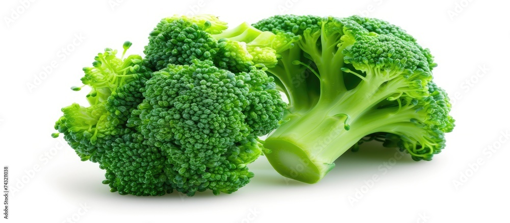 Close up view of fresh broccoli isolated on a white background. The vibrant shot highlights the crispness and purity of the broccoli florets. Close up view of fresh broccoli isolated on a white background. The vibrant shot highlights the crispness and purity of the broccoli florets.