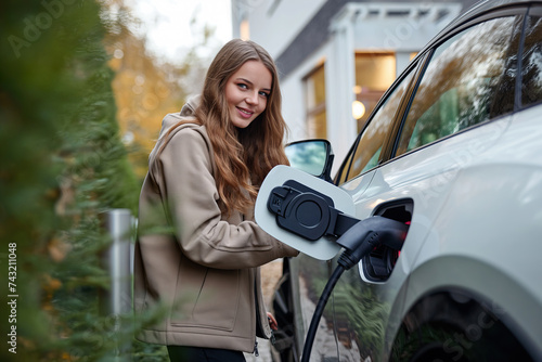 Young Woman Charging an Electric Car at Home Generative AI image photo