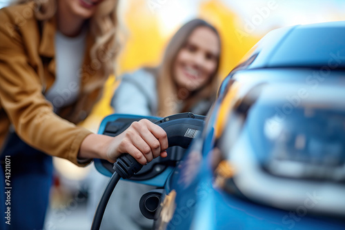 Two women enjoying a moment at an electric car charging station Generative AI image photo