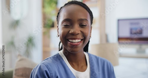 Black woman, face and nurse on sofa, happy and career pride for volunteer care or medical support. Caregiver, smile and portrait in lounge for healthcare service, positive and trust in nursing home photo