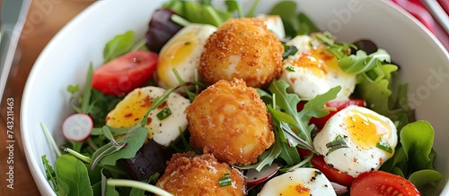 A white bowl filled with a fresh salad topped with perfectly fried eggs, creating a delicious and satisfying meal. The salad is a combination of crispy greens and fried mozzarella balls for added