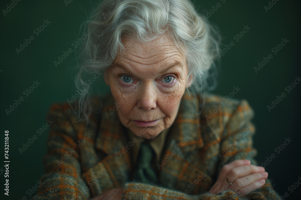 Annoyed business woman, elderly business boss with gray hair and disgusted gesture, expression with envy and haughtiness on a green background - obrazy, fototapety, plakaty 