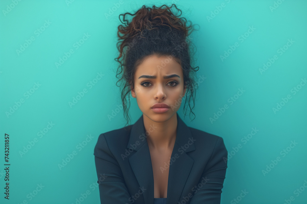 Sad business woman, young African American businesswoman with regretful and disappointed expression, job burnout on a blue background with copy space - obrazy, fototapety, plakaty 