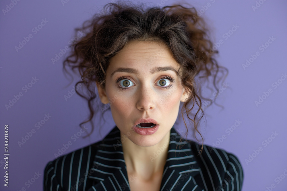 Scared business woman, wide-eyed expression of surprise and fear on disheveled businesswoman in suit on purple background
