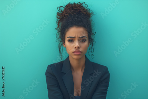 Sad business woman, young African American businesswoman with regretful and disappointed expression, job burnout on a blue background with copy space