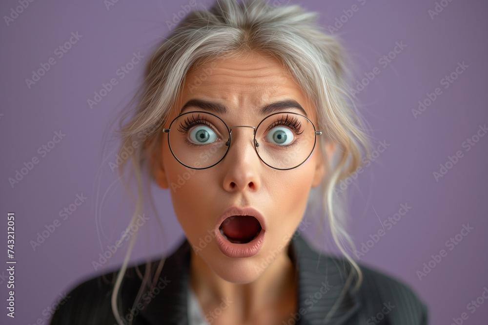 Scared business woman, young blonde woman with glasses and shocked expression with fear, businesswoman suit on purple background Scared business woman, young blonde woman with glasses and shocked expression with fear, businesswoman suit on purple background