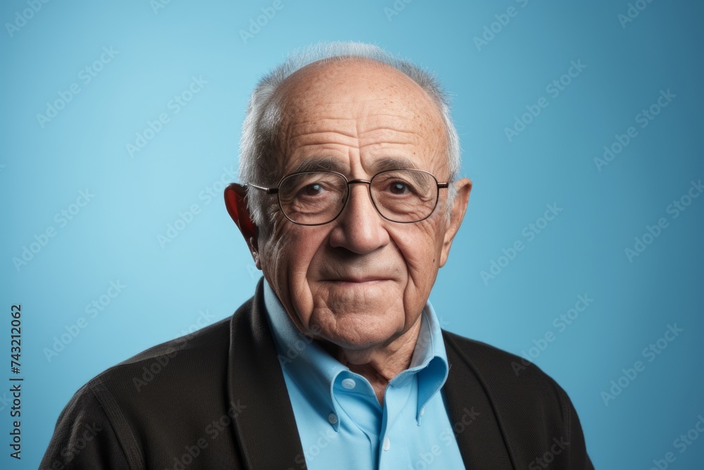 Portrait of a senior man with eyeglasses on blue background Portrait of a senior man with eyeglasses on blue background