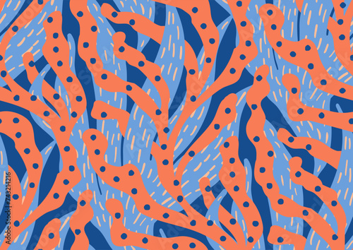 Seamless vector pattern with trailing corals and algae. Trendy peach fuzz pantone, apricot crush, blue colors. for beach swimsuit, sport active wear print, fabric, textile, wallpapers