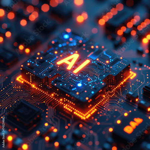 Visualizing Advanced Technology: Circuit Board CPU Processor Microchip Pioneering Artificial Intelligence, Neural Networking, and Cloud Computing. Digital Lines Propel Data in a Futuristic Landscape