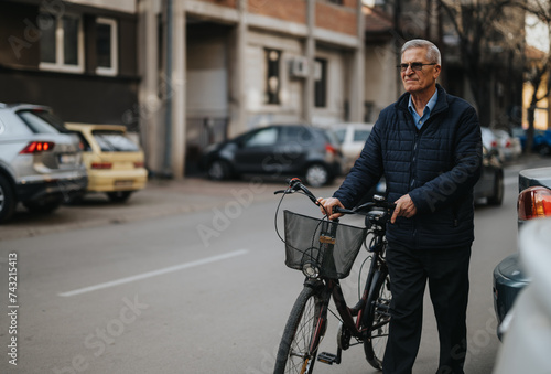 Active elderly gentleman enjoys a healthy lifestyle, posing with his bike on an urban road, showcasing independence and fitness.