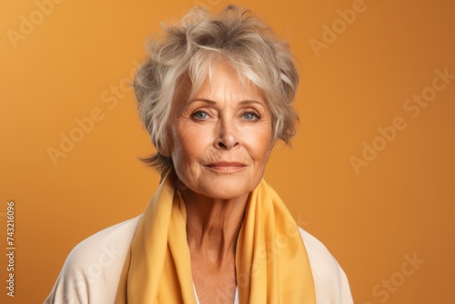 Portrait of an elderly woman with a scarf on an orange background
