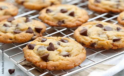 Homemade Tempting Chocolate Chip Cookies - Delicious Stack of Freshly Baked Treats on a Wire Rack