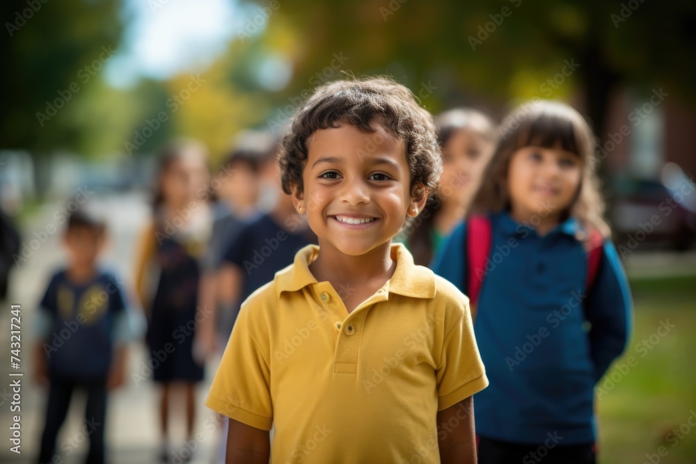 Happy Schoolboy with Backpack Smiling on First Day of School Happy Schoolboy with Backpack Smiling on First Day of School