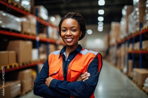 Smiling portrait of young woman in warehouse