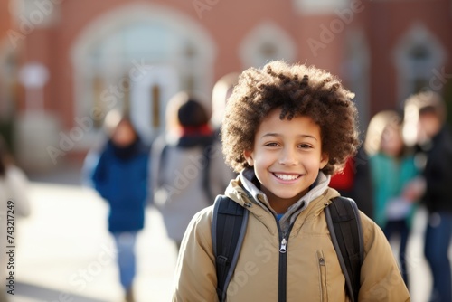 Happy Schoolboy with Backpack Smiling on First Day of School © Baba Images