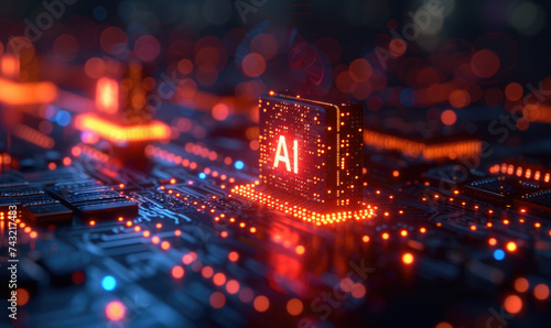 Visualizing Advanced Technology: Circuit Board CPU Processor Microchip Pioneering Artificial Intelligence, Neural Networking, and Cloud Computing. Digital Lines Propel Data in a Futuristic Landscape