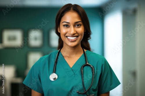 Young nurse in scrubs at a nursing home