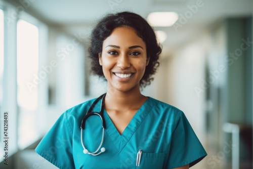 Young nurse in scrubs at a nursing home photo