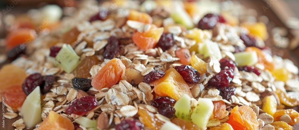 A detailed view of a plate filled with a vibrant assortment of fruits and granola. The fruits are peeled, dried, and fresh, creating a colorful display that is complemented by the energizing oats. A detailed view of a plate filled with a vibrant assortment of fruits and granola. The fruits are peeled, dried, and fresh, creating a colorful display that is complemented by the energizing oats.