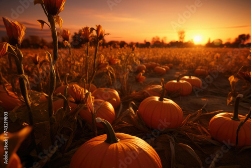 Pumpkin patch in autumn sunset