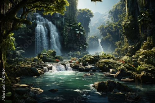 A misty waterfall in a tropical jungle