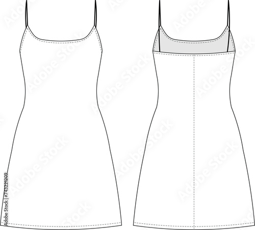 scoop neck spaghetti straps strappy a line babydoll short dress template technical drawing flat sketch cad mockup fashion woman design style model
