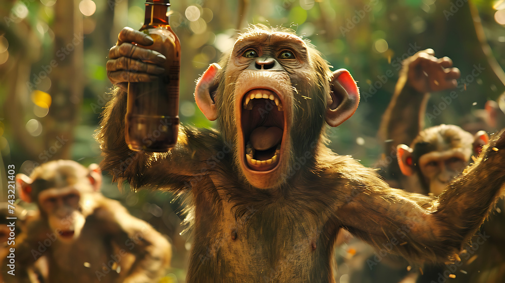 Obraz premium a monkey with its mouth wide open, holding a brown bottle, surrounded by other monkeys in a forest