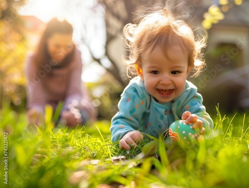 Lovely intimate portrait on Easter holiday, a mom and her baby daughter or son are picking up chocolate eggs hidden in the grass in the family garden, traditional Easter egg hunt, they look thrilled