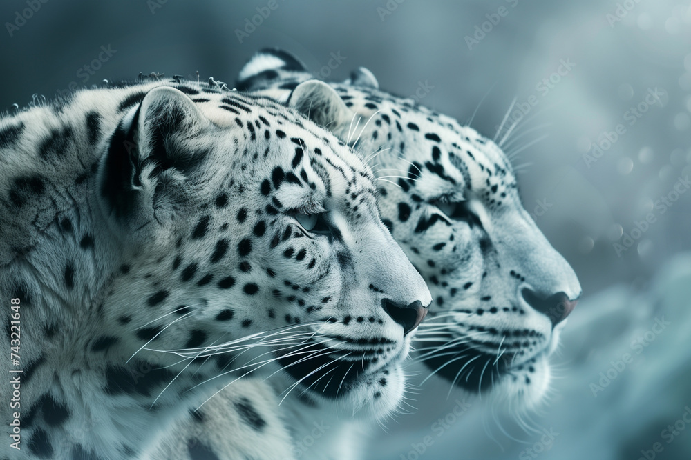Serene snow leopard pair in mystic light