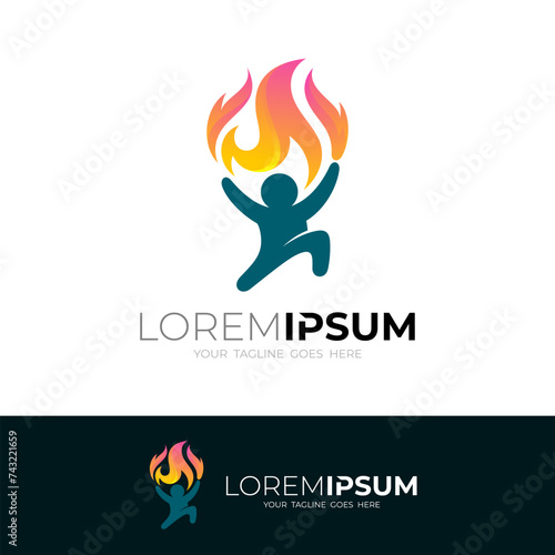 People logo and fire design combination, sport design, spirit icon