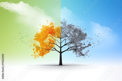 Illustration of a single tree split between autumnal orange and wintery grey hues against a tranquil sky. Seasonal Dichotomy  Autumn and Winter Tree