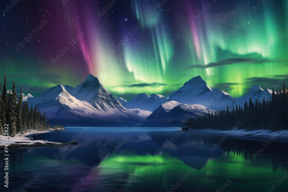 Aurora borealis illuminating the night sky with vibrant colors and dynamic movement, set against a serene landscape.