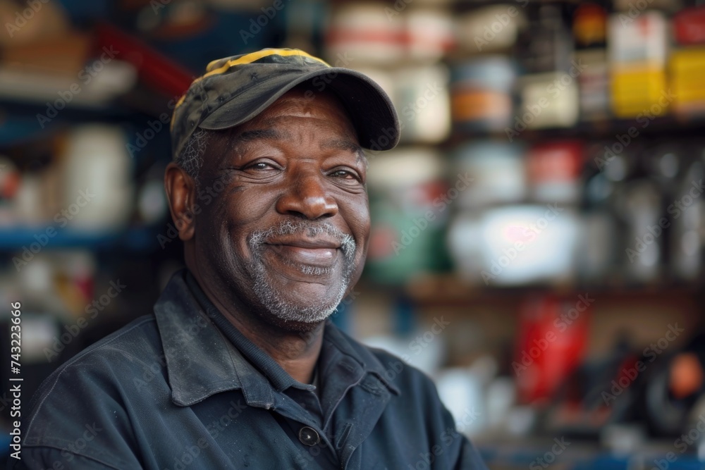 Portrait of a middle aged car mechanic in repair shop Portrait of a middle aged car mechanic in repair shop