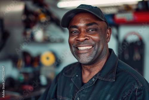 Portrait of a middle aged car mechanic in repair shop
