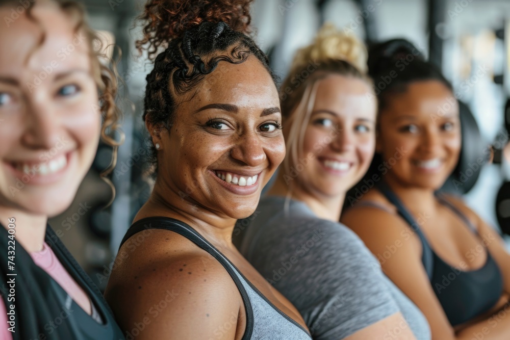 Group of happy diverse women smiling together in a gym Group of happy diverse women smiling together in a gym