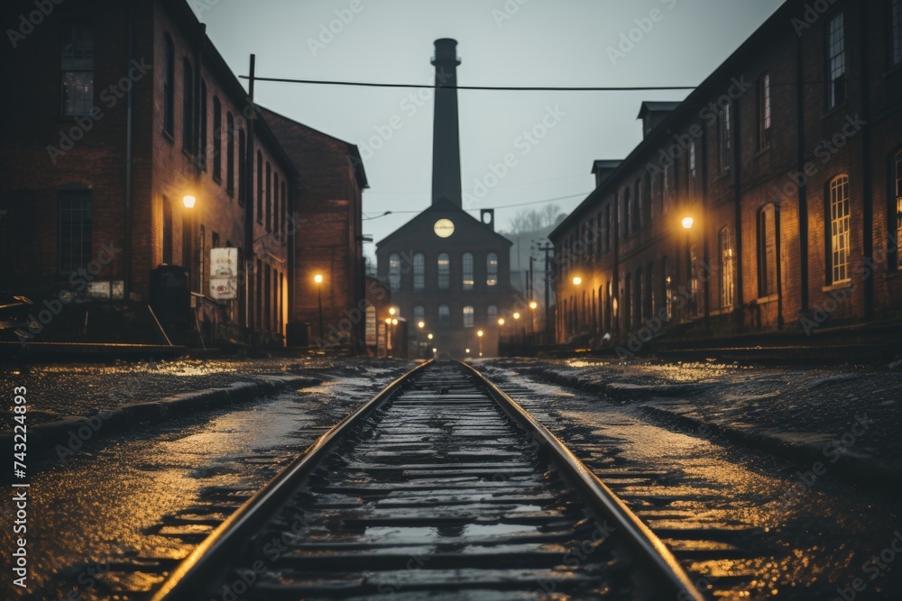 An urban scene featuring railroad tracks in the foreground, leading to a distant brick building. Perfect for travel or urban exploration blogs. Moody and grungy vibe.