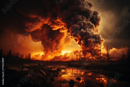 A massive fire consumes an oil refinery, releasing thick black smoke. Firefighters work to put out the intense blaze and prevent further devastation.