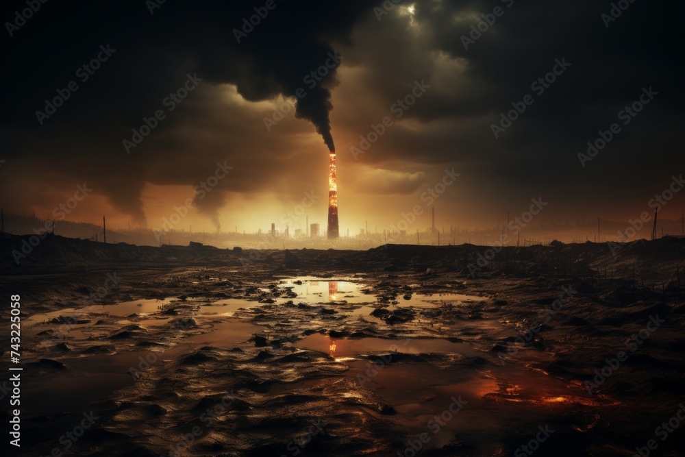 An industrial factory at night with a prominent orange chimney emitting pollution into the environment, creating a hazardous atmosphere in the dark.
