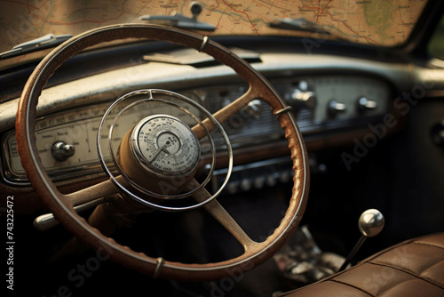 Close-up of a vintage car's worn leather steering wheel with road maps in the background