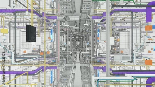 Digital Twin (BIM) of a modular construction MEP system, advanced schematic view. photo