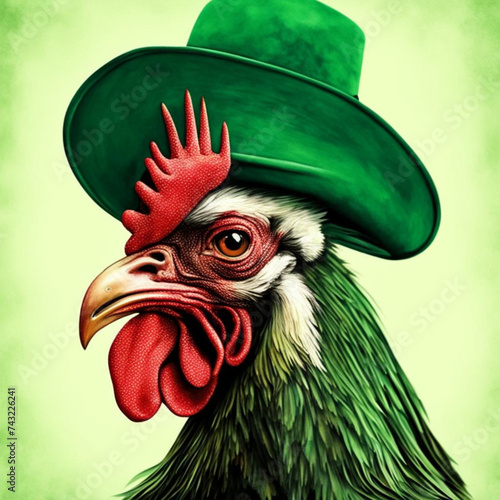 A portrait of a rooster wearing a green hat on a green background. Chicken in a green hat celebrates st. patrick's day. photo