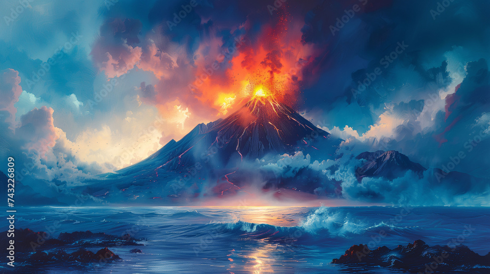 Colorful volcano on a sunset erupting watercolor style