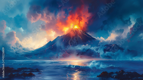 Photo Colorful volcano on a sunset erupting watercolor style