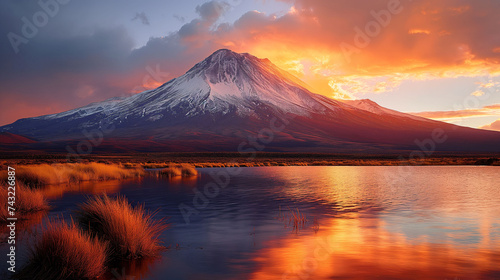 Montaña nevada al atardecer con Spectacular image of a snowy mountain with a lake in the foreground. The image is taken at sunset, which creates a warm and romantic atmosphere.en primer plano